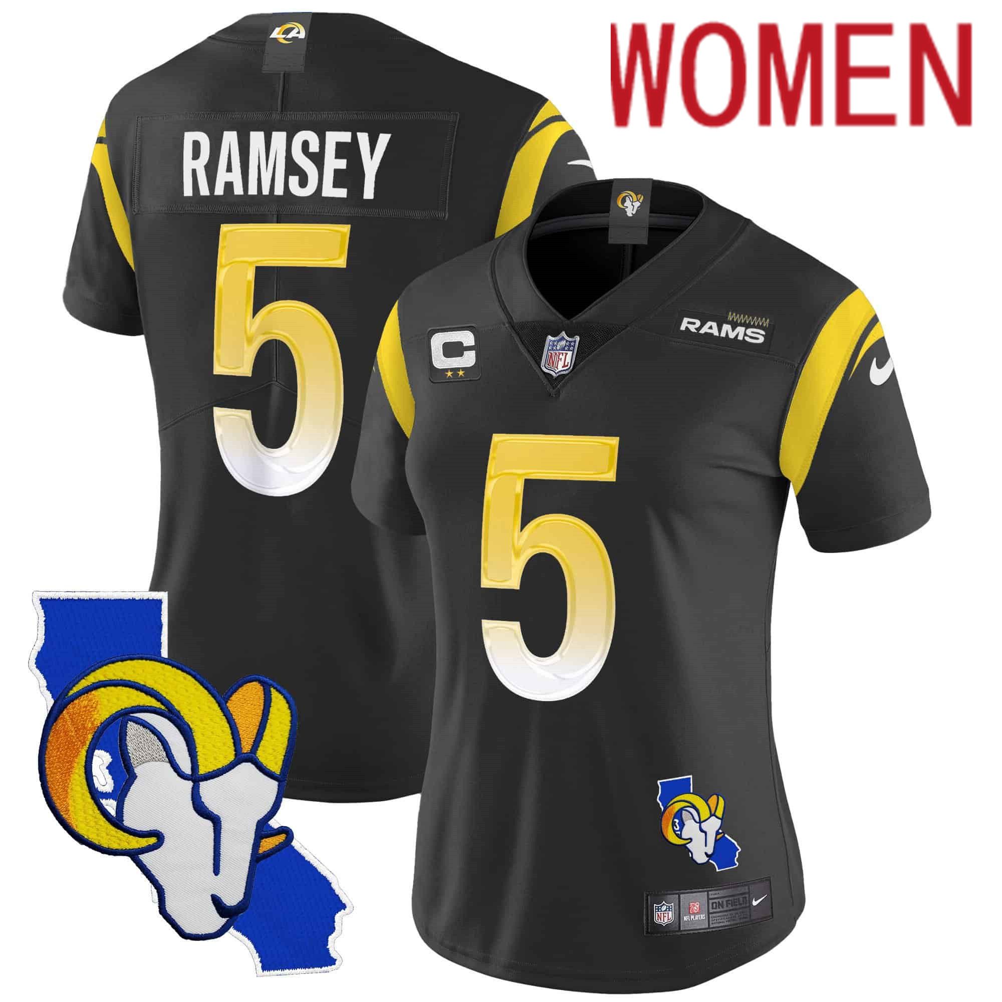 Women Los Angeles Rams #5 Ramsey Black 2024 Nike California Patch Vapor Limited NFL Jersey style 1->women nfl jersey->Women Jersey